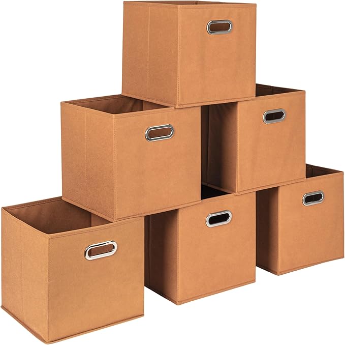 Household Essentials Foldable Fabric Storage Cubes 6-Pack – 11x11x11 Stackable Non-Woven Bins with Chipboard Sides & Grommet 