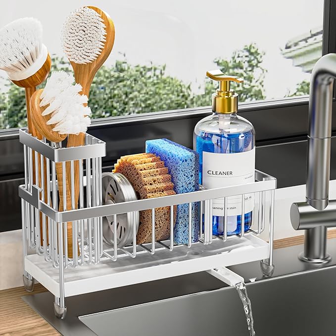 Cisily Sponge Holder for Kitchen Sink, Sink Caddy Organizer with High Brush Holder, Kitchen Countertop Organizers and Storage