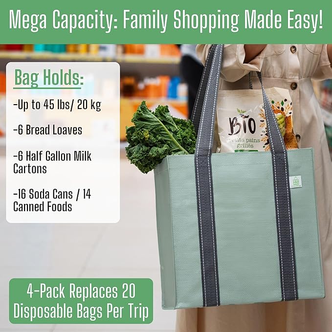 VENO 2-4 Pack Reusable Grocery shopping Bags, Medium Tote Bag w/Handle Hard Bottom, Heavy Duty, Foldable Carrier