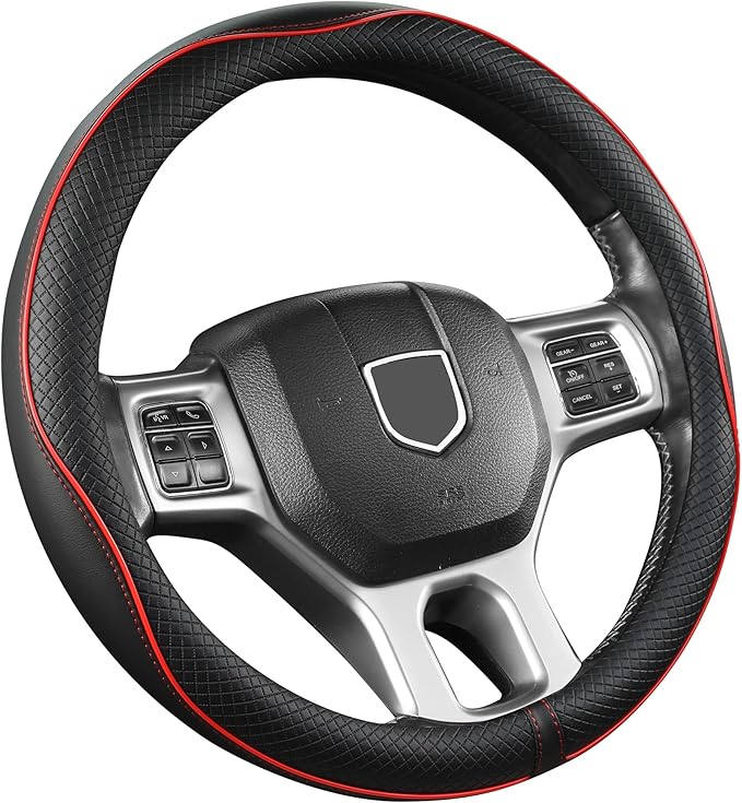 West Llama Customized Auto Car Steering Wheel Cover for Dodge RAM 1500 2500 3500, 15.5-16 inch (Black+Red Line-Large Size)