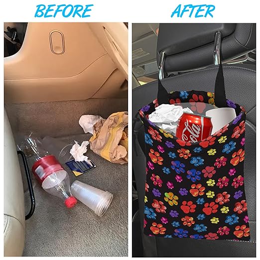 Car Trash Bag Rainbow Animal Paw Print Car Garbage Bag Hanging Car Trash Can for Back Seat with Drawstring