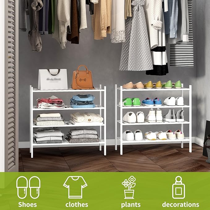 BMOSU 4-Tier Bamboo Shoe Rack Premium Stackable Shoe Shelf Storage Organizer for Hallway Closet Living Room Entryway Organize