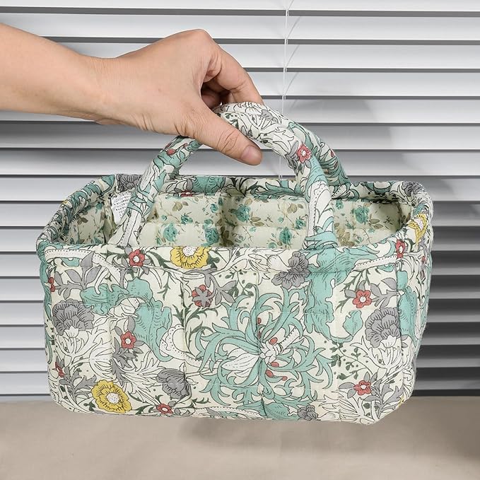 Small Storage Basket Organizer, Mini Fabric Floral Storage Baskets with Handle, Quilted Portable Collapsible Storage (F)