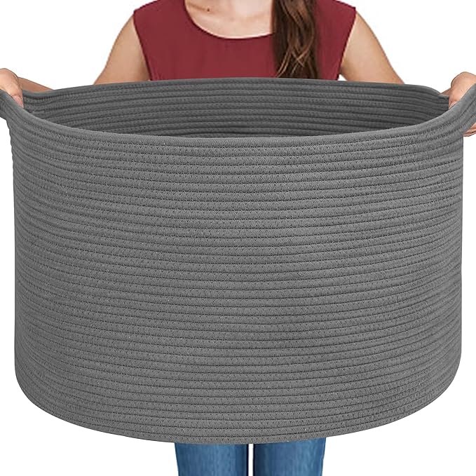 MEGASKET Large Dark Grey Storage Basket, Woven Cotton Rope Baskets for Storage, Big Blanket Organizer Storage Basket for Livi