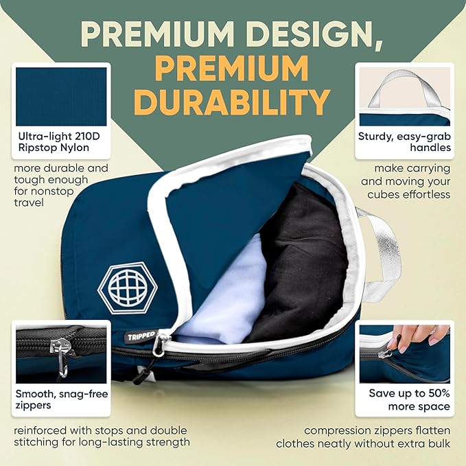 TRIPPED XL Compression Packing Cubes — 7-Piece Set for Checked Luggage | Extra-Large (15.7"×11"×4") + Large + Small + Tube + 