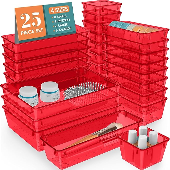 WOWBOX 25 PCS Plastic Drawer Organizer Set, 4 Sizes Desk Drawer Divider Organizers and Storage Bins for Makeup, Jewelry, Gadg