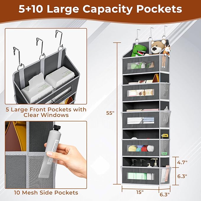 5 Tier Over The Door Organizer - Large Capacity Behind Door Hanging Shelves with 10 Mesh Pockets and Clear Windows, Closet Or