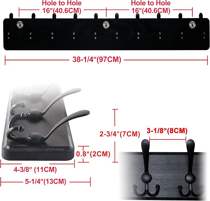Dseap Coat Rack Wall - Heavy-Duty 38-1/4" Long, with Reinforced 10 Custom Tri-Hooks, Solid Wood Wall Hanger for Coats Hat Jac