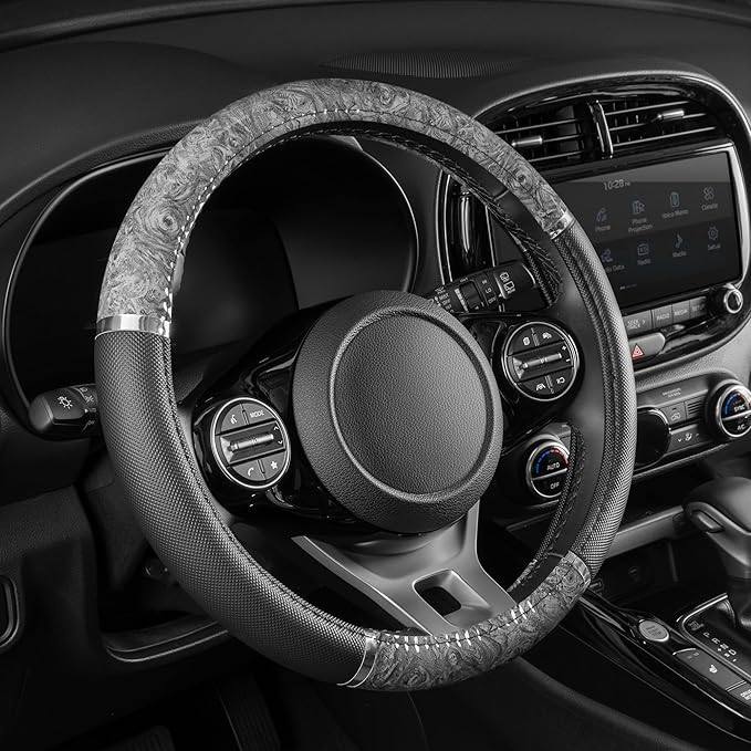 BDK Chrome Wood Grain Black & Gray Steering Wheel Cover for Cars, Trucks, Van, SUVs - Elegant and Comfortable Grip Accessorie