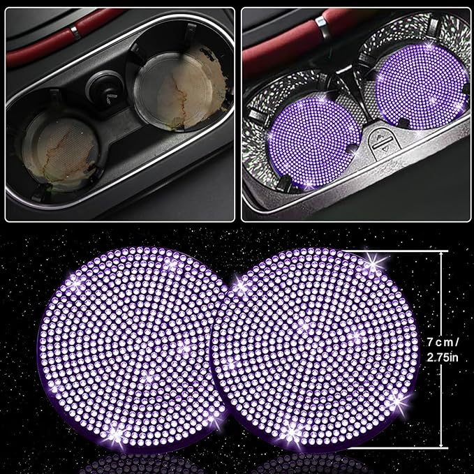 NBTEPEM 30 Pcs Purple Bling Car Accessories Set for Women, Purple Steering Wheel Cover Set, Bling Console Cover, Seat Belt Cushion, Shift Knob Cushion, Cup Coaster, Rhinestone Car Hanging Accessories