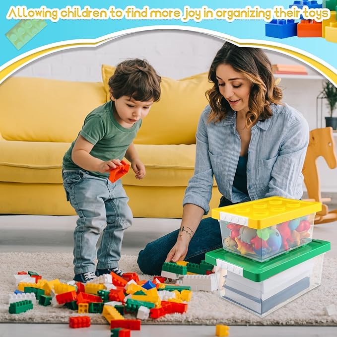 Vicenpal 4 Pack Toy Storage Containers with Lids Brick Shaped Kids Toy Organizer Box Plastic Clear Stackable Bin Chest for Bu