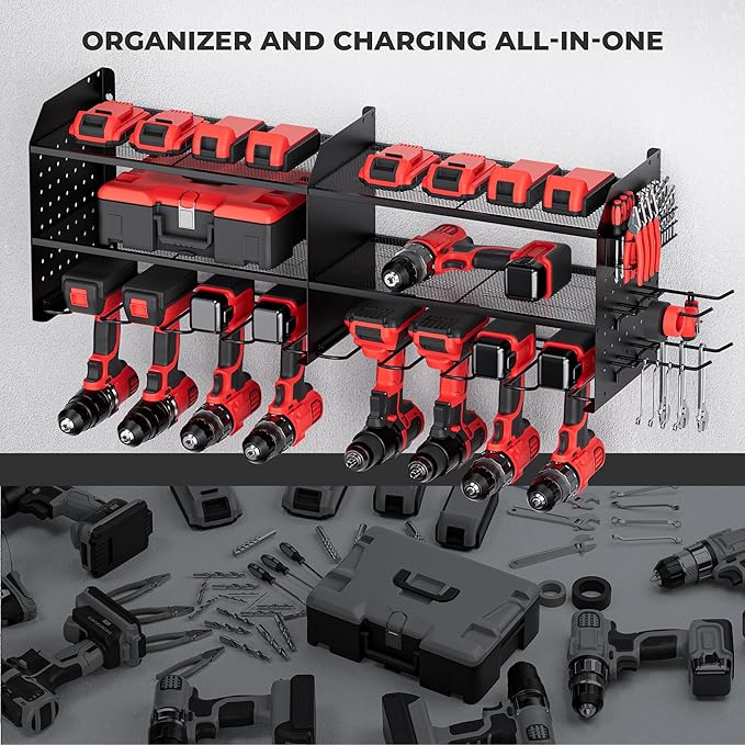 TRZZ 2-in-1 Power Tool Organizer Wall Mount, 3-Layer Drill Holder with 2 Side Pegboards, 8 Drill Holders, 4 Hooks, and 1 Dril