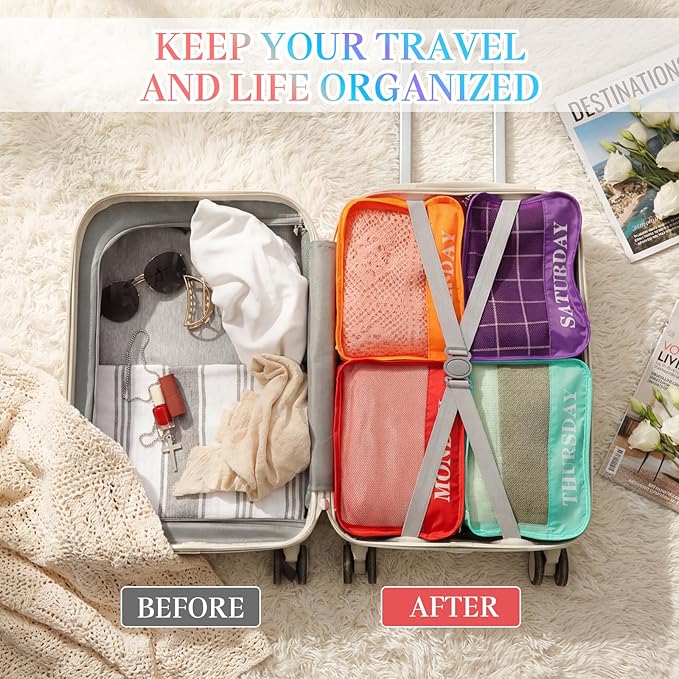 Days of Week Packing Cubes Weekly Organizer Travel Storage Bag School Clothes for Kids Summer Camp Family(9x7x3inch,Rainbow,1