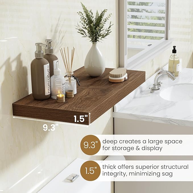 24"W x 9.3"D Floating Shelves for Wall, Wall Mounted Bathroom Shelves 2 Pack Deep Floating Shelf for Bedroom Kitchen Living R