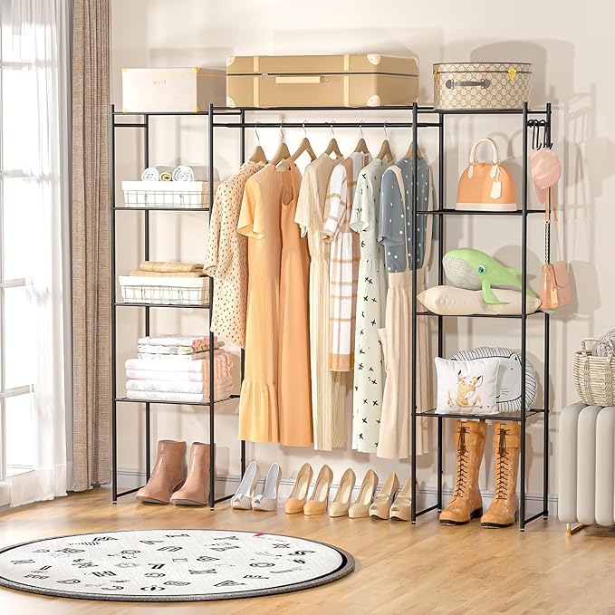 Neprock Portable Closet Wardrobe, Metal Clothing Rack with 8 Shelves & 1 Hang Rod, Free Standing Closet Rack for Hanging Clot