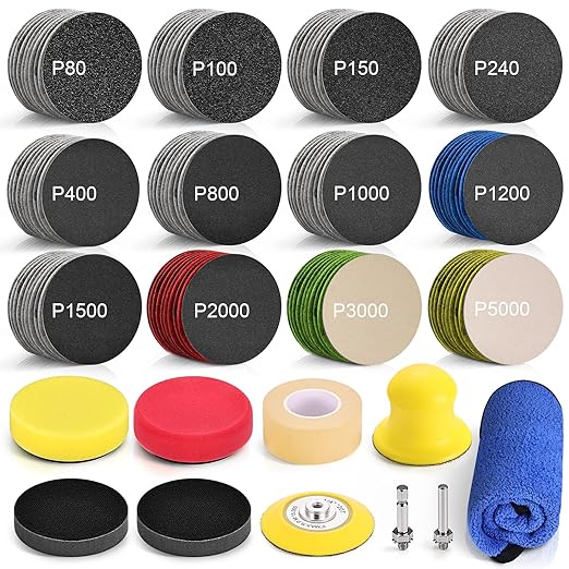 130Pcs Headlight Restoration Kit, 3 Inch Wet Dry Sanding Discs 80-5000 Grit with Drill Attachments & Polishing Pads, Car Head