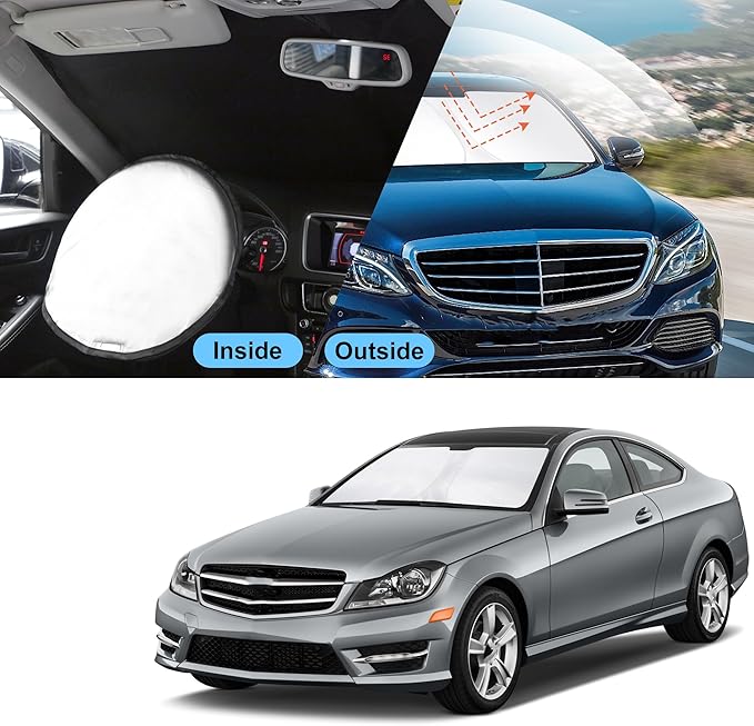 TINGLU Sun Shade for Mercedes Benz C Class W205 C250 C300 C400 2015-2021 Accessories Windshield Sun Shade Window Shade UV Rays Protection Sun Visor Cover with Steering Wheel Sunshade Storage Bag