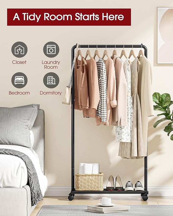 Sakugi Clothes Rack - Clothing Rack with Storage Mesh Shelf & Casters, Heavy-Duty Metal Clothing Rack for Hanging Clothes, Dr