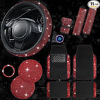 CAR PASS 11 PCS Bling Diamond Car Mats Set for Women Girls, Sparkly Rhinestone Steering Wheel Cover, Waterproof Floor Mats Un