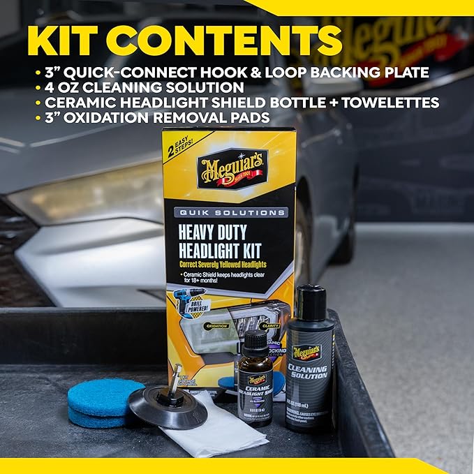Meguiar's Heavy Duty Headlight Kit,This Headlight Restoration Kit Includes Headlight Cleaner, Ceramic Protection, Drill Backi