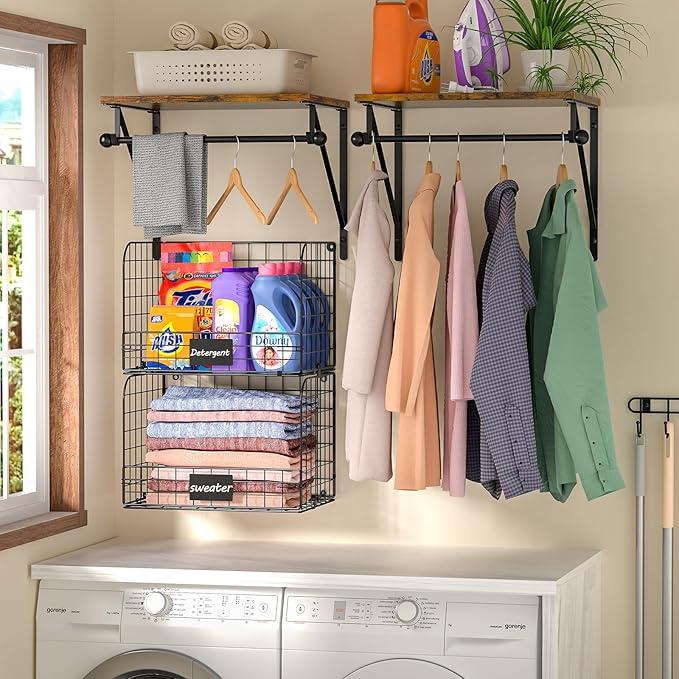 Laundry Room Shelves Wall Mounted with Wire Baskets, Over the Washer and Dryer Shelf with Clothes Drying Rack, Wire Shelves B