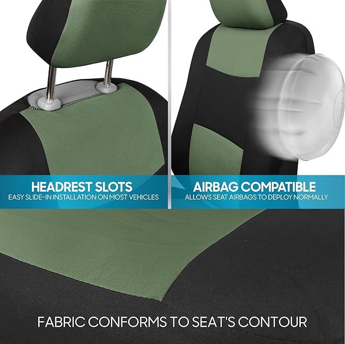 BDK PolyPro Car Seat Covers Full Set in Green on Black, Front and Rear Split Bench Seat Covers for Cars, Easy to Install Car 