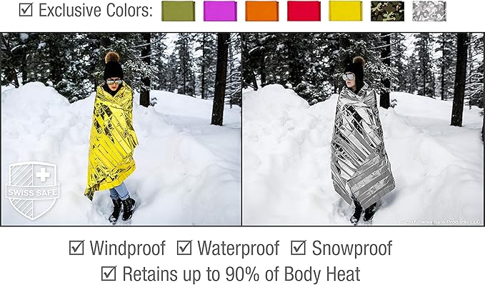 Swiss Safe 4 Pack Mylar Emergency Blankets for Survival - Compact & Insulated for Cold Weather - Designed for NASA, Outdoor, 
