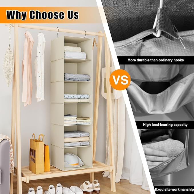Hanging Closet Organizer, Easy Mount Foldable 6-Shelf Hanging Closet Wardrobe Storage Shelves, Clothes Handbag Shoes Accessor