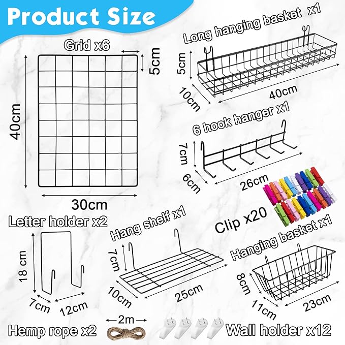 6 Pack 16 x 12 Inch Black Wall Grid Wire Panel with Accessories 1 Black Hanging Wire Basket, 1 Shelf, 1 Hook Rack, 2 Letter S