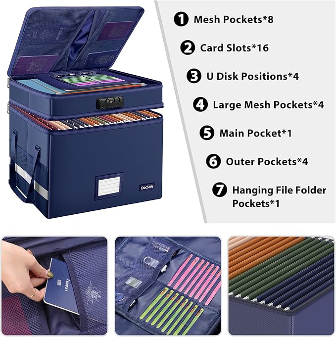 DocSafe File Box with Lock,Multi-Layer Fireproof Document Box Collapsible File Storage Organizer with Pockets/Handle,Large Po