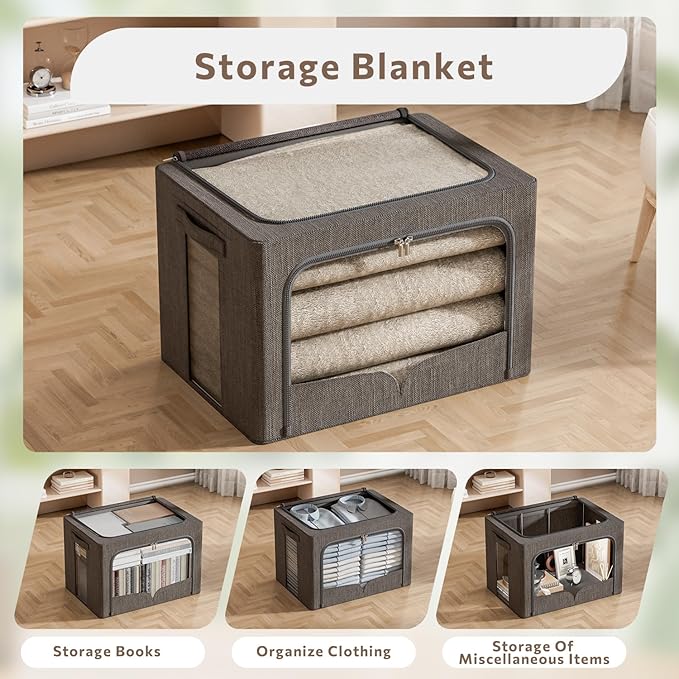 FHSQX 3 Pack Clothes Storage Bins Foldable Metal Frame Storage Box Stackable Linen Fabric Organizer Set with Carrying Handles