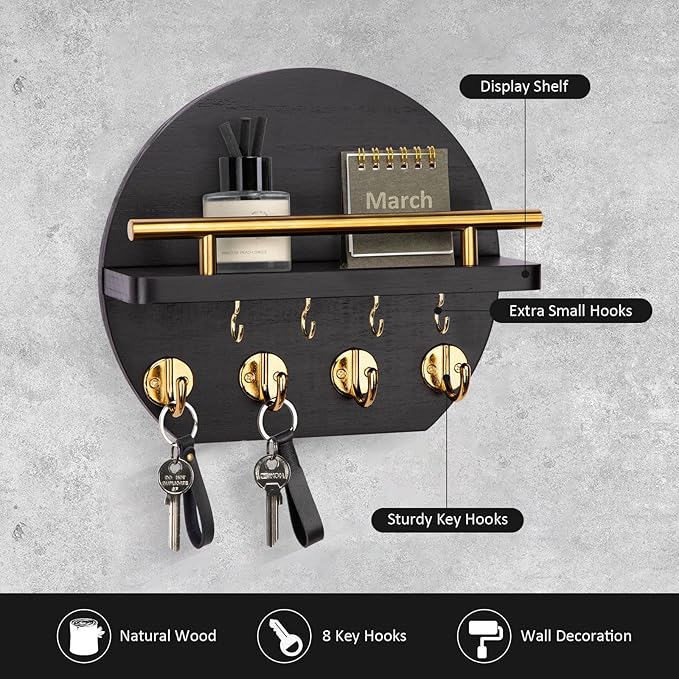 Nekon Key Holder for Wall - 9.8 Inch Apartment Wall Decor with Shelf and 8 Key Hooks, Circular Wood Key Hanger for Home Decor