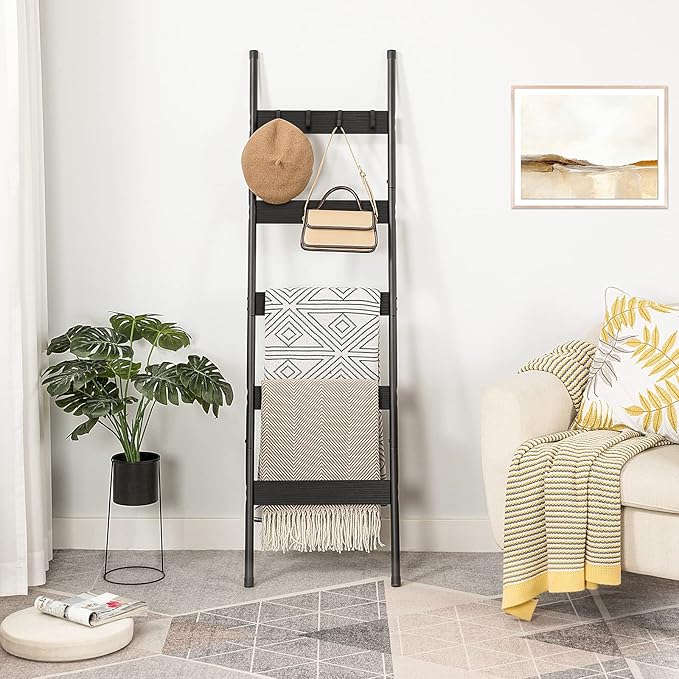 HOOBRO Blanket Ladder, 5-Tier Towel Rack with Hooks, Wall-Leaning Blanket Rack, Decorative Display Ladder Shelf, Scarves, Ind