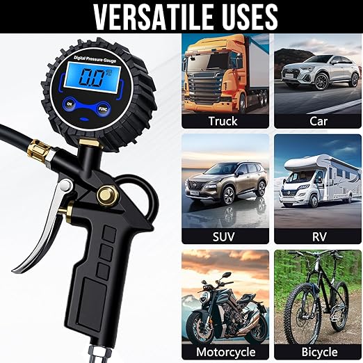 Digital Tire Pressure Gauge with Inflator, Air Compressor Accessories with Air Chuck Quick Connect Coupler, Car Attachments with Rubber Hose for Car, Truck, SUV, Cycle, RV, 250 PSI