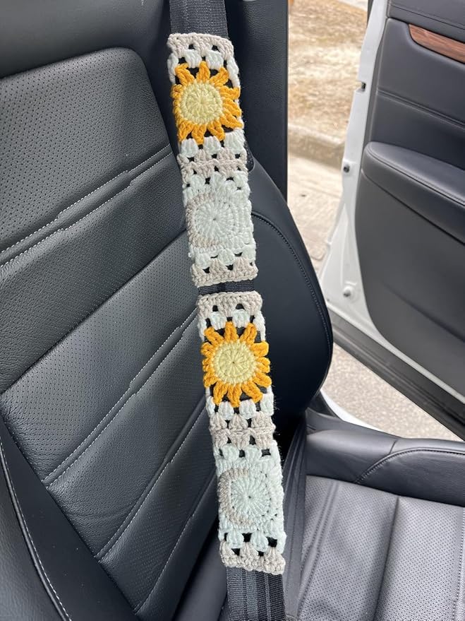 Handmade Crochet Sun Moon Car Steering Wheel Covers Universal 14-15 inch,Cute Steering Wheel Cover,Car Accessories (Wheel Cover+2belt Cover+2Coaster+Hanging)