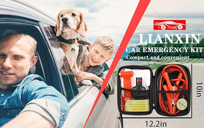 Car Roadside Emergency Kit, with Jumper Cables Automotive Kit,Car Safety Roadside Assistance Kit Headlamp,Tow Straps, Safety 
