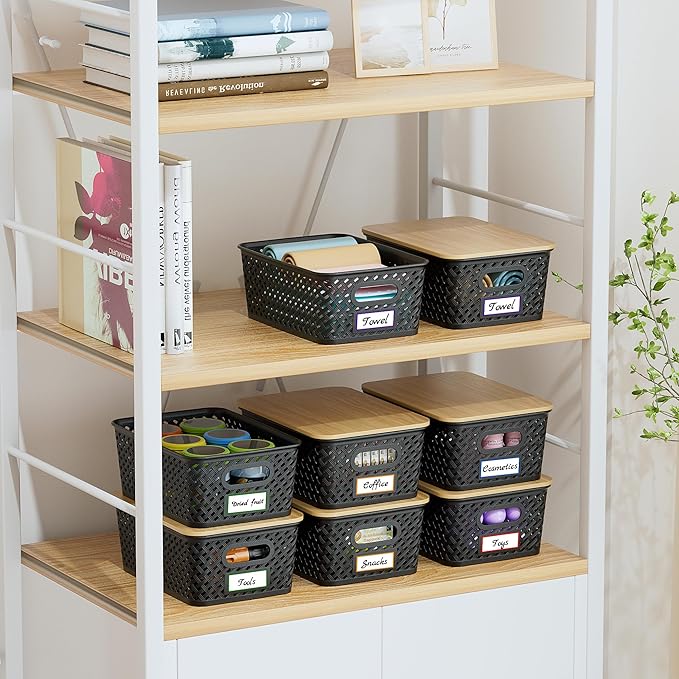 Anysig 8 Packs Plastic Storage Bins with Bamboo Lids - Stackable Storage Bins Decorative Small Basket Containers for Organizi