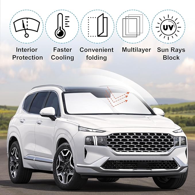 Front Windshield Sun Shade Foldable Car Front Window Sun Shade Windshield Shade Custom Fit for 2019-2023 Hyundai Santa Fe SE SEL SEL Plus Block UV Rays Heat Keep Cooler