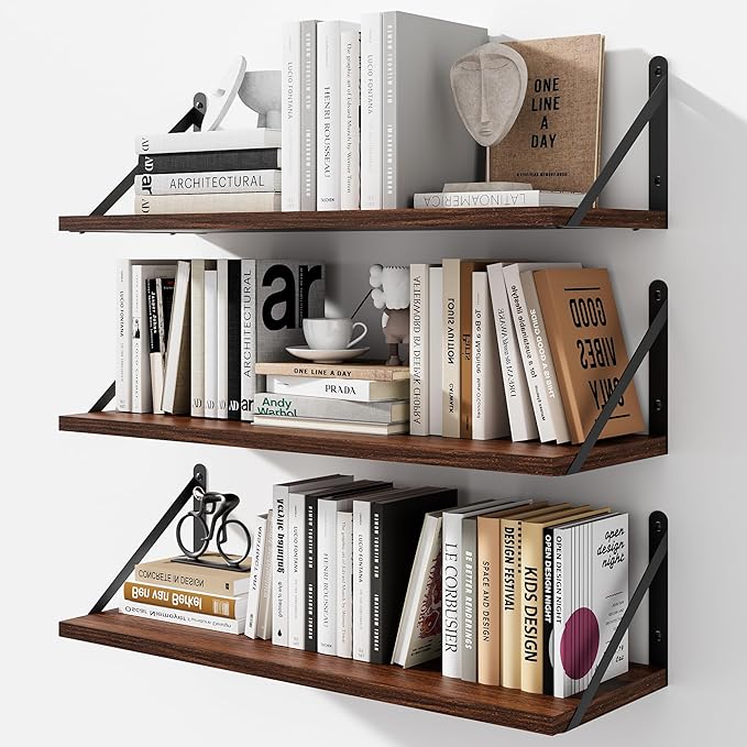 Floating Shelves for Wall, 24W x 8D Wide Bookshelf with Brackets Set of 3, Wood Wall Mounted Shelves for Living Room, Kitchen