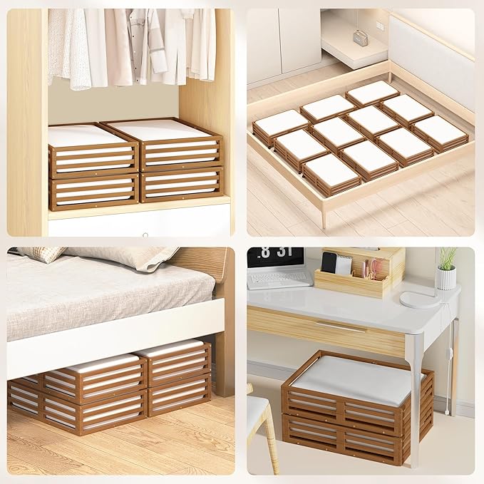 Wisuce Bamboo Under Bed Storage Containers- Underbed Organizer with Wheels with Large Dust Bag,Sturdy Wood Rolling Under the 
