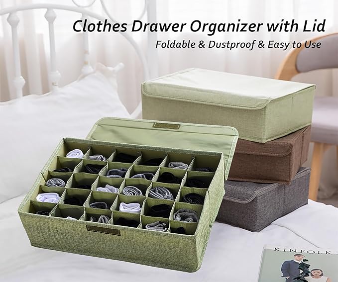 AARAINBOW 2 Packs Underwear Socks Ties Storage Organizer with Lids Foldable Closet Drawer Organizer 60 Cells, Fabric Drawer W