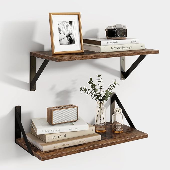 Axeman Floating Shelves for Wall, 16''W x 8''D Wood Floating Shelves Set of 2, 8 Inch Deep Rustic Wall Shelves for Bookshelf 