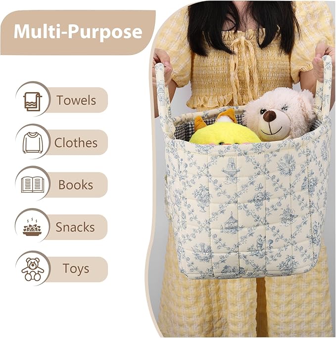 Storage Basket Boho Fabric Large Collapsible Floral Laundry Nursery Hamper Portable Folding Storage for Clothes Toys (Vine-Bl