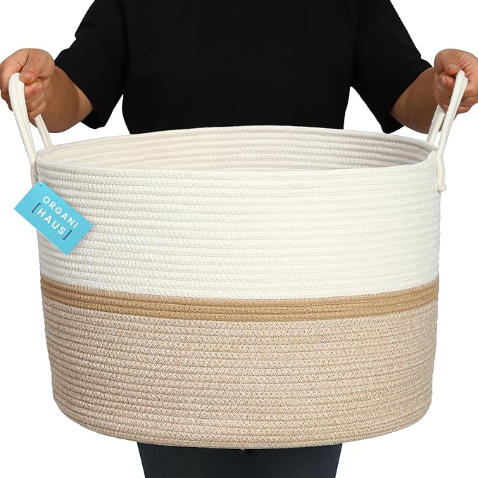 OrganiHaus Large Woven Storage Basket for Blankets and Toys 20" x 13" Inch, Rope Laundry Basket with Handles, Cushions & Pill