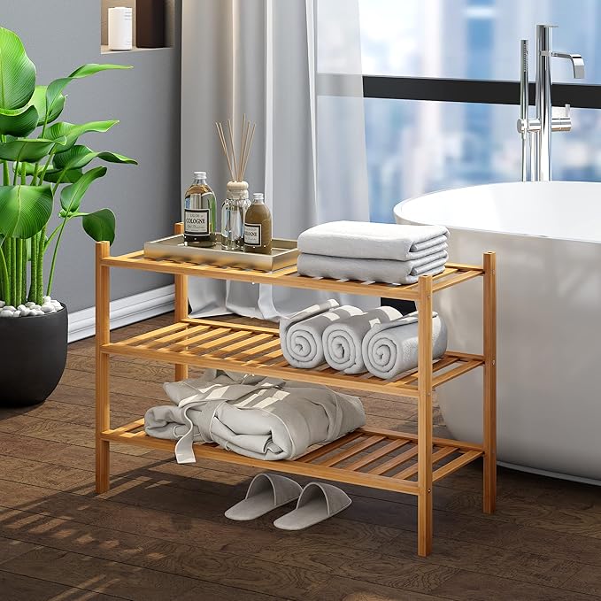 BMOSU 3-Tier Bamboo Shoe Rack Premium Stackable Shoe Shelf Storage Organizer for Hallway Closet Living Room Entryway Organize