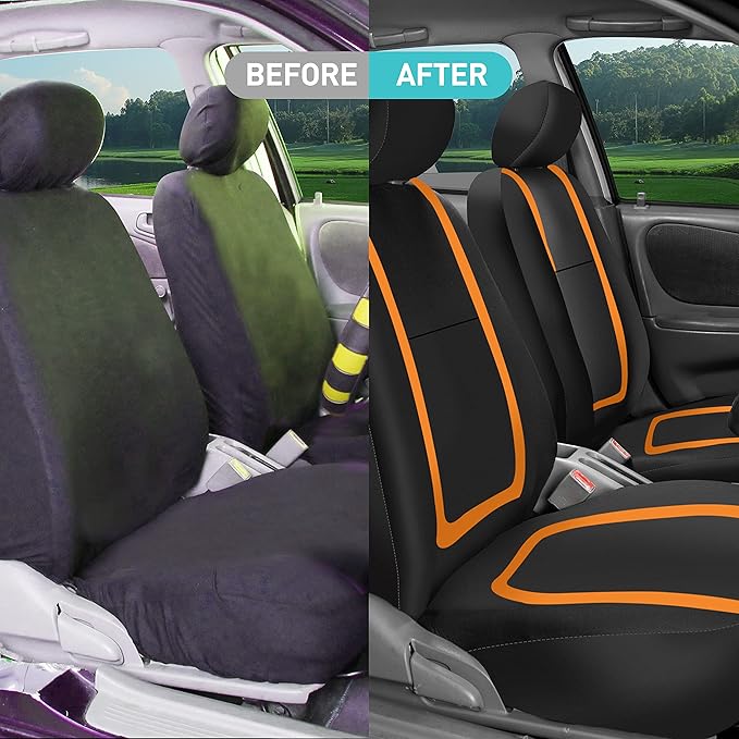 FH Group Unique Flat Cloth Full Set Car Seat Covers w. Silicone Steering Wheel Cover- Universal Fit for Most Cars, Trucks, SUVs or Vans (Orange/Black)