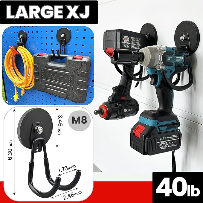 ULIBERMAGNET Heavy Duty Magnetic Garage Hooks Kit,12 Pack Strong Large Magnet Hook for Power Drill,Garden Tools,Hose,Pegboard