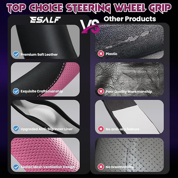 Soft Leather Steering Wheel Cover with Breathable Design and Anti-Slip Grip, Fully Compatible with Tesla, Toyota, Honda, Niss