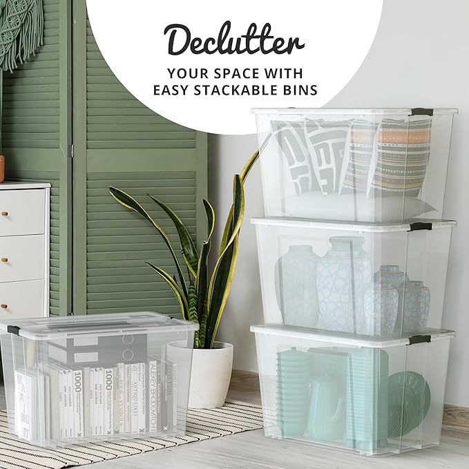 Lifetime Appliance Parts 4 PACK 97 Qt. Plastic Storage Bin Tote Organizing Container with Ultra Durable Lid & Secure Latching