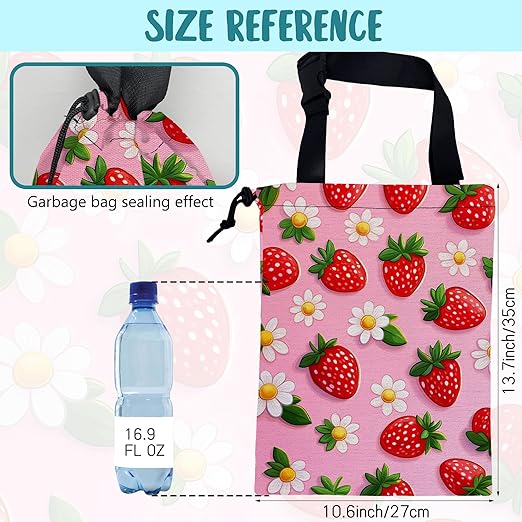 Car Garbage Bag Abstract Strawberry and Floral Hanging Canvas Car Trash Bag Drawstring Car Back Seat Organizer for Car Back Front Seat Console with Adjustable Buckle